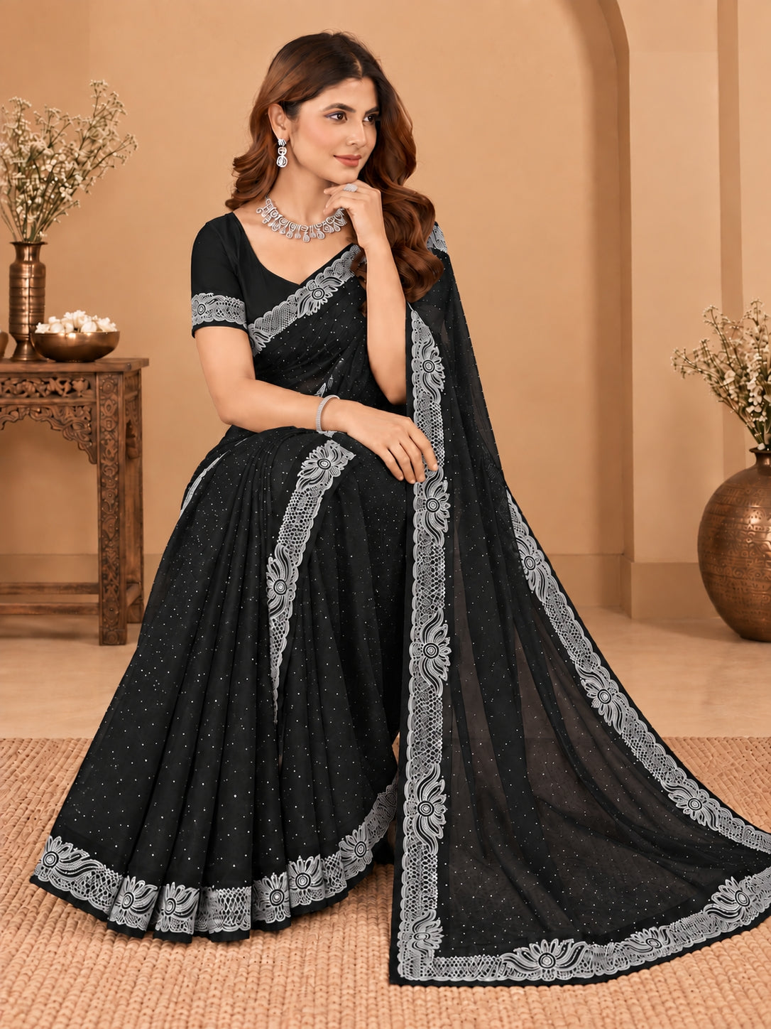 Women's Black Stone Work Saree with Floral Lace Border