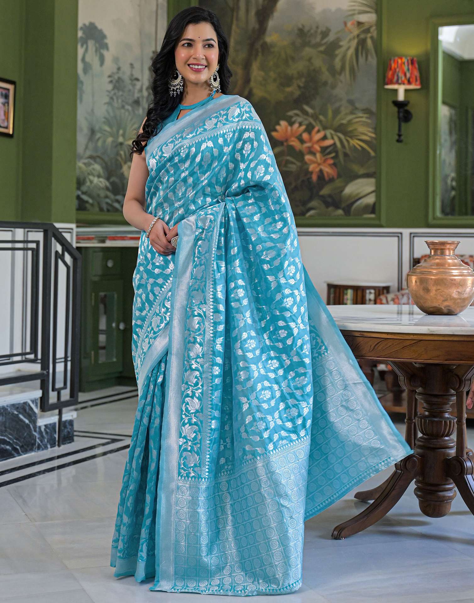 Aqua Blue Silk Banarasi Saree