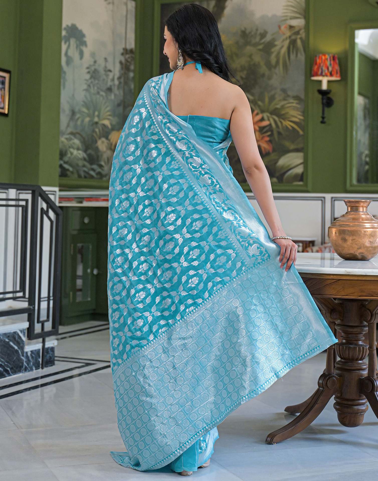 Aqua Blue Silk Banarasi Saree