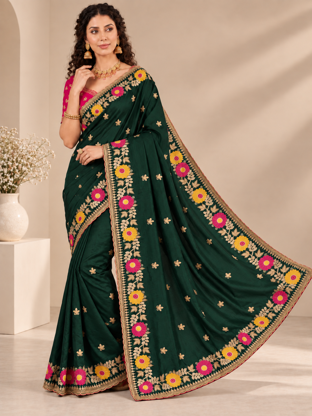 Designer Green Floral Embroidered Saree with Fancy Border Work