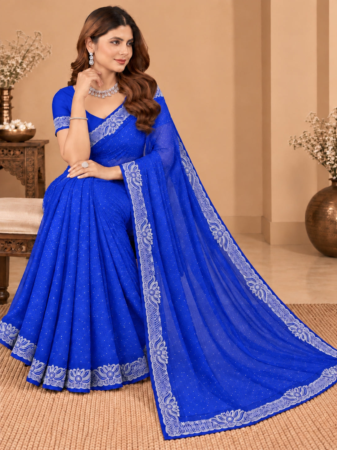 Women's Royal blue Stone Work Saree with Floral Lace Border