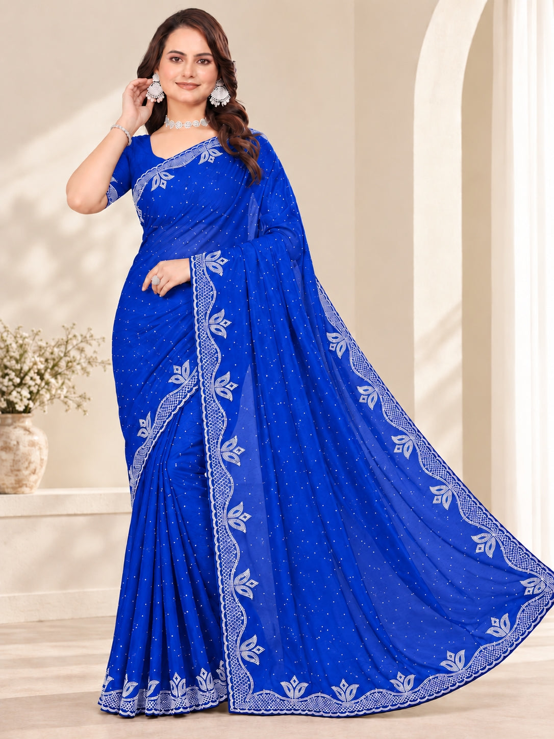 Royal Blue Stone Work Georgette Saree with Embroidered Lace Border