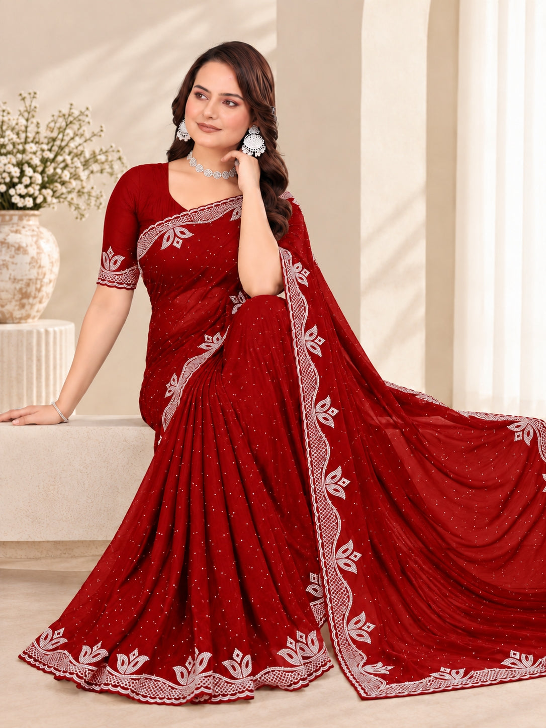 Red Stone Work Georgette Saree with Embroidered Lace Border