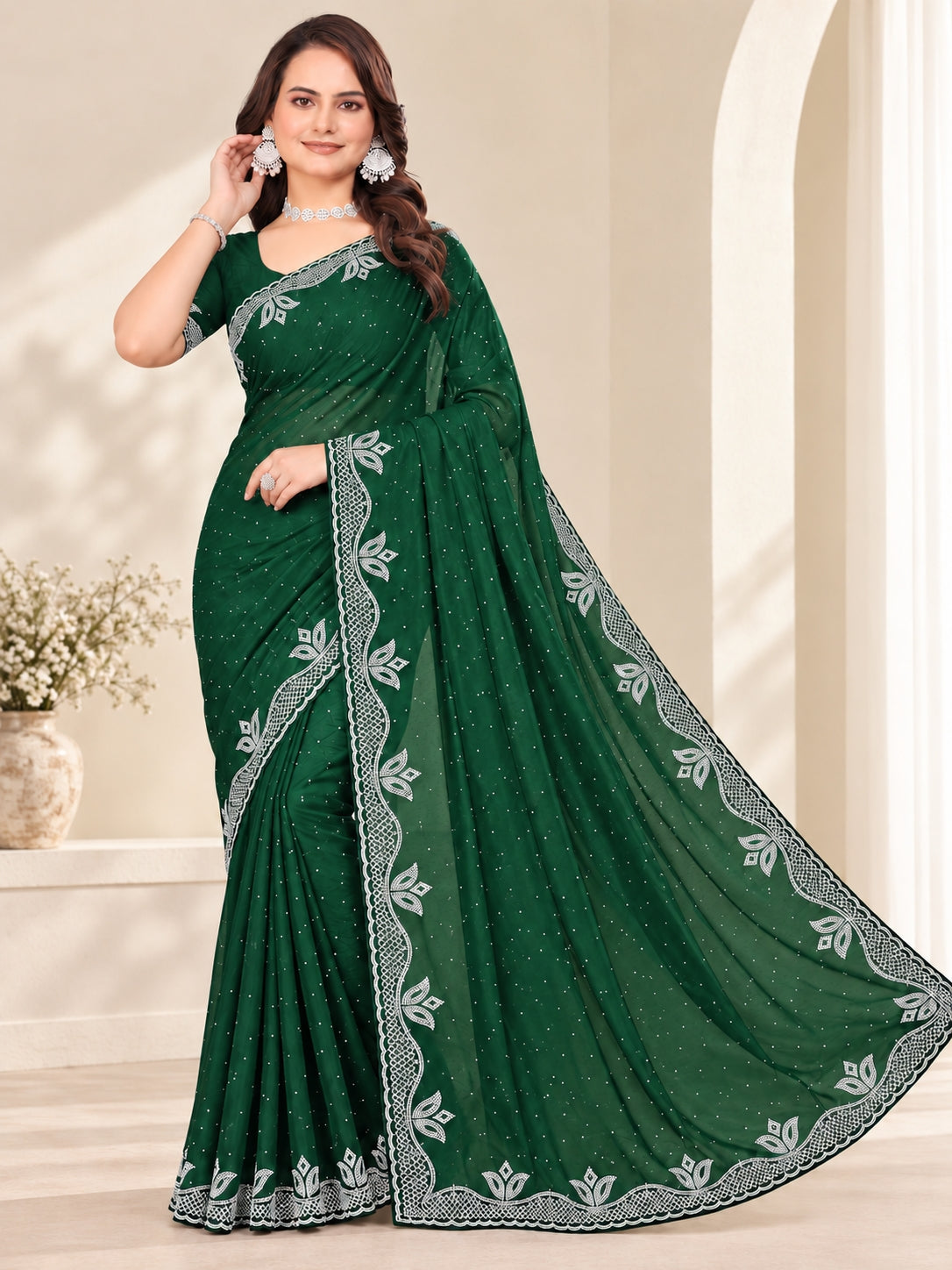 Green Stone Work Georgette Saree with Embroidered Lace Border