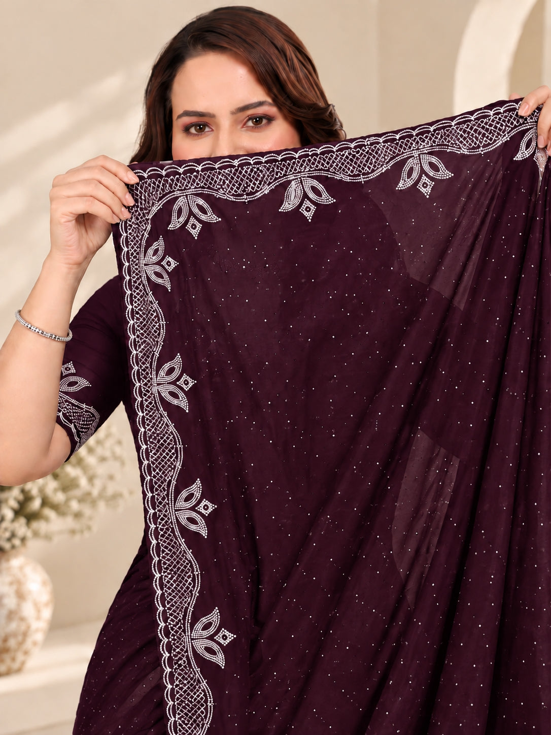 Purple Stone Work Georgette Saree with Embroidered Lace Border