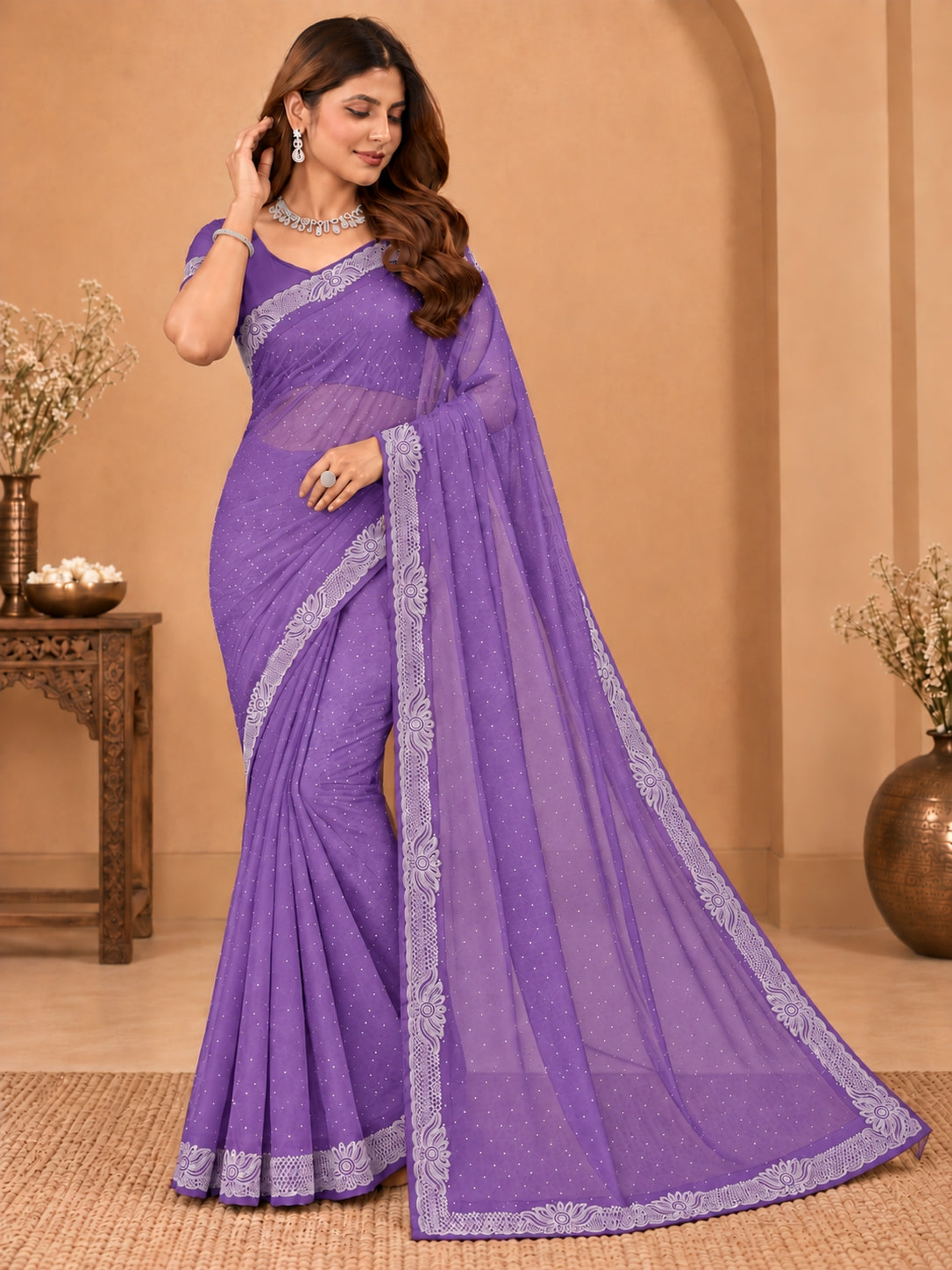 Women's Lavender Stone Work Saree with Floral Lace Border