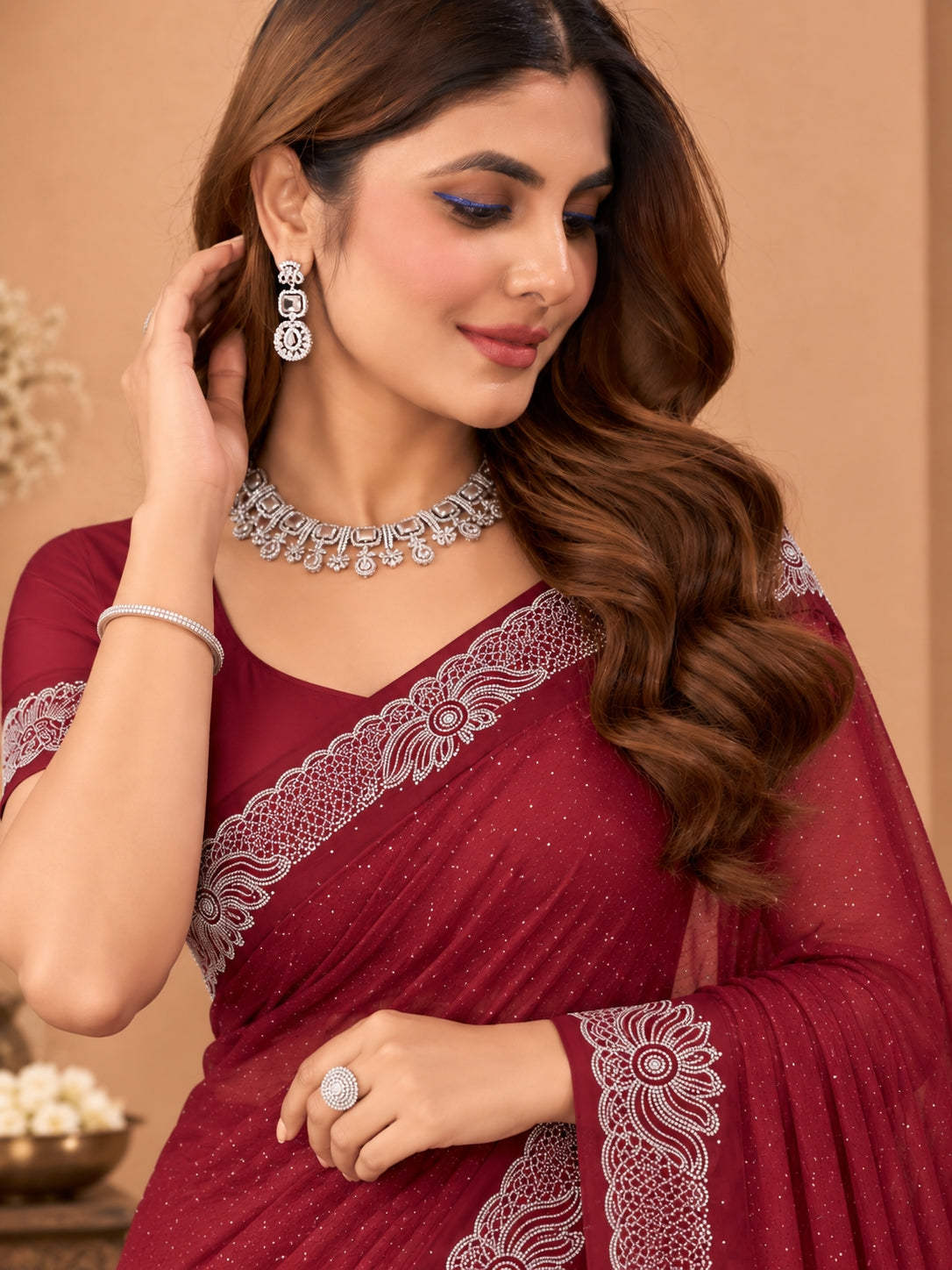 Women's Maroon Hotfix Stone Work Saree with Floral Lace Border