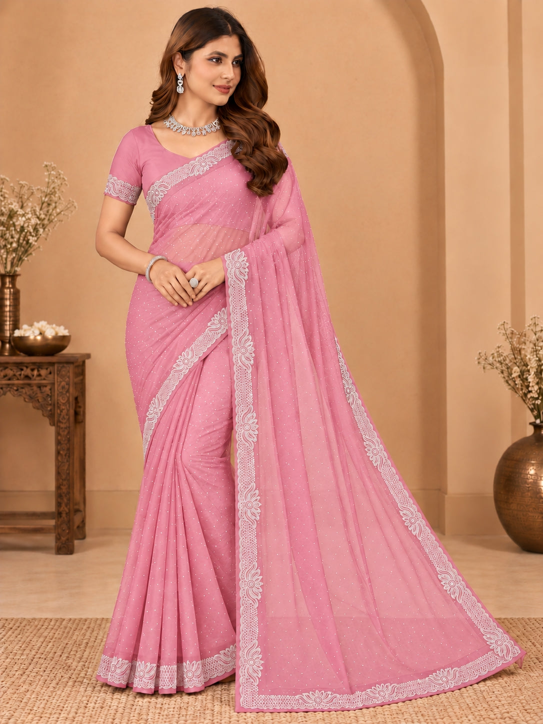 Women's  Baby Pink Stone Work Saree with Floral Lace Border