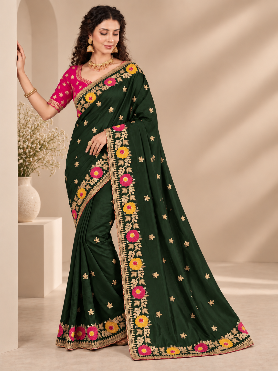 Designer Green Floral Embroidered Saree with Fancy Border Work