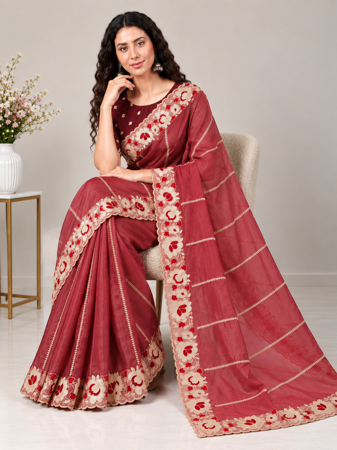 Zegoom Red Satin Silk Saree with Floral Embroidery & Scalloped Border