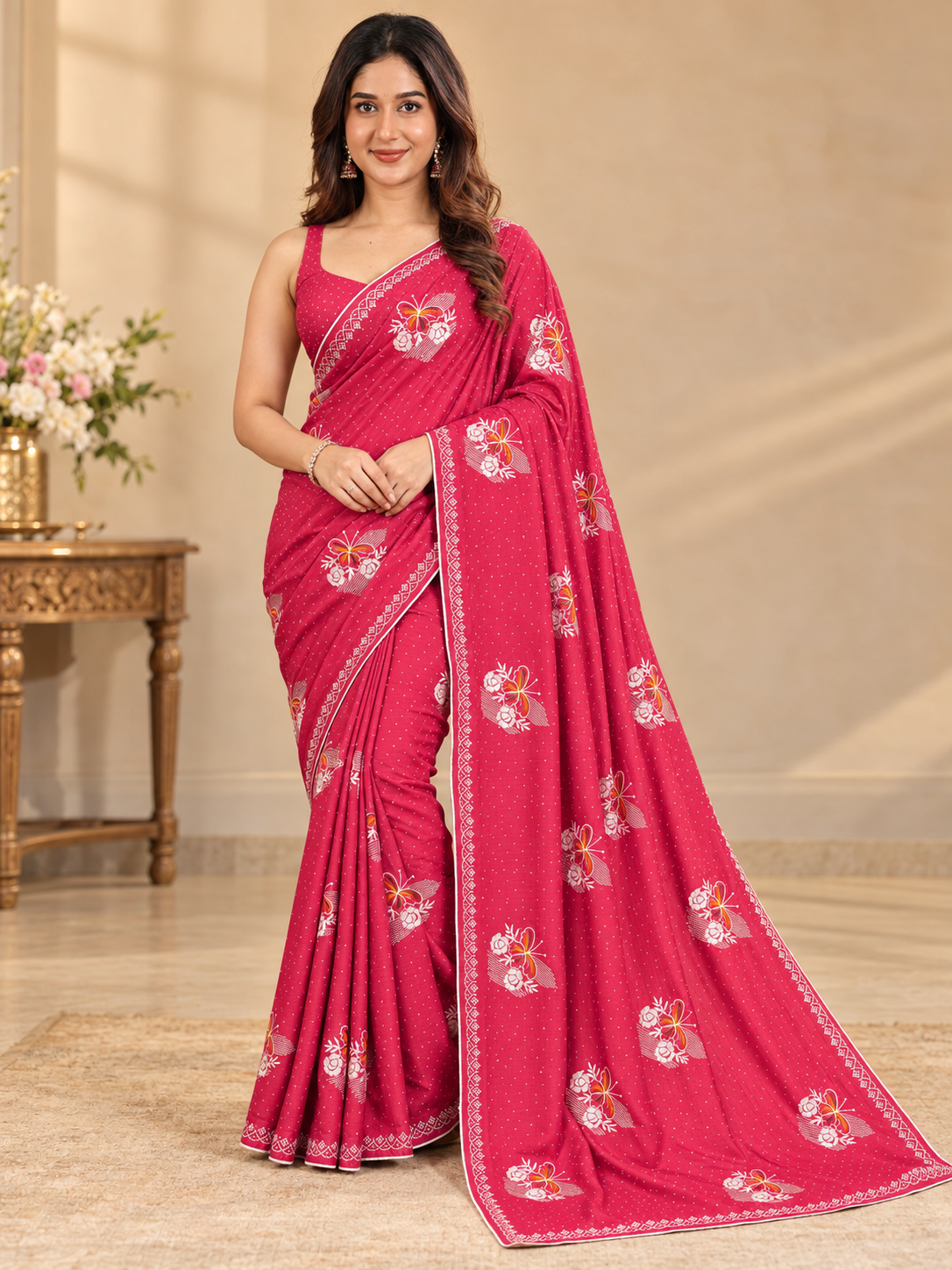 Pink Jimmy Choo Saree with Multicolor Floral Embroidery & Stone Work Lace Border