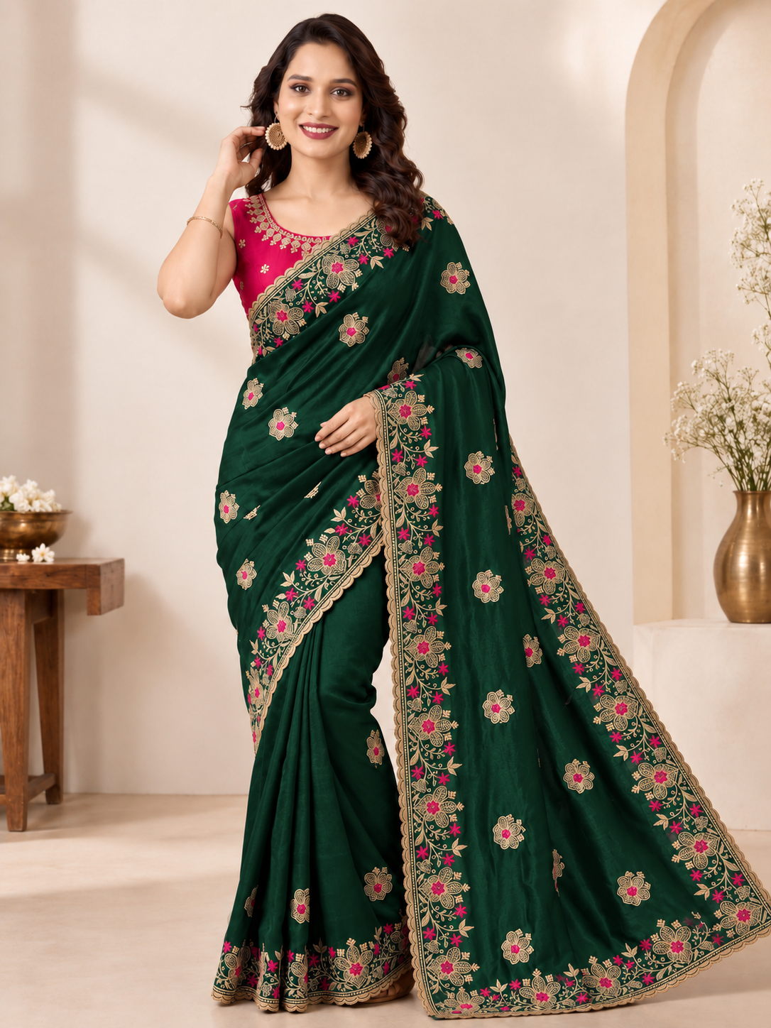 Designer Green Saree with Floral Embroidery and Zari Work