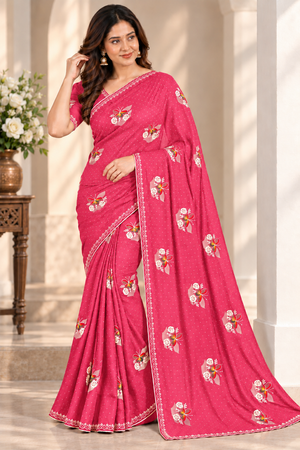 Pink Jimmy Choo Saree with Multicolor Floral Embroidery & Stone Work Lace Border