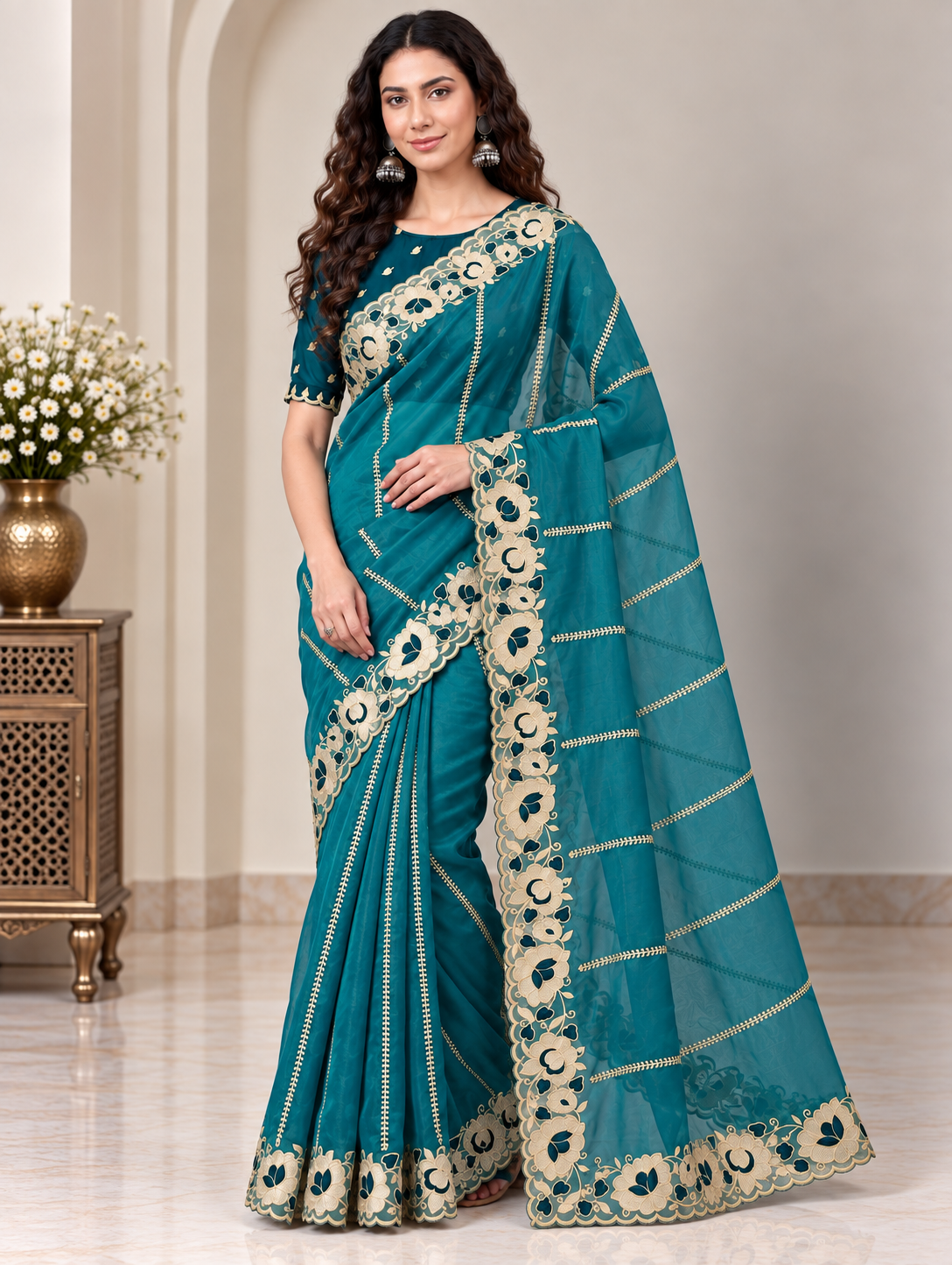 Zegoom Teal Satin Silk Saree with Floral Embroidery & Scalloped Border