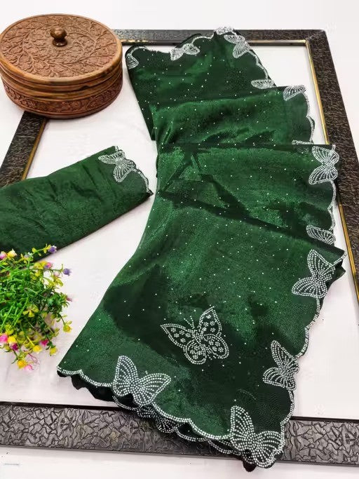 Green Shimmer Tissue Saree with Butterfly Hotfix Lace Border
