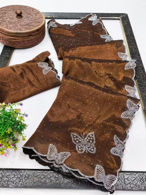 Golden Shimmer Tissue Saree with Butterfly Hotfix Lace Border