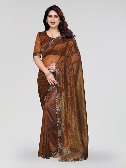 Golden Shimmer Tissue Saree with Butterfly Hotfix Lace Border