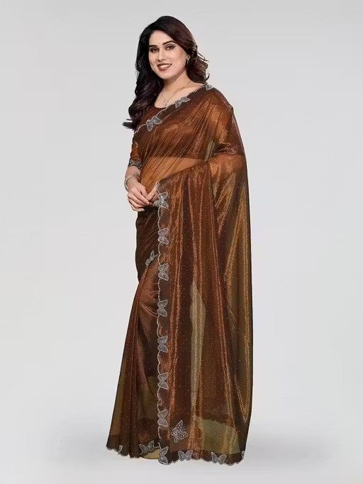 Golden Shimmer Tissue Saree with Butterfly Hotfix Lace Border