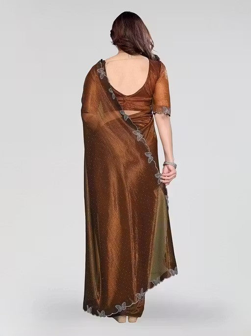 Golden Shimmer Tissue Saree with Butterfly Hotfix Lace Border