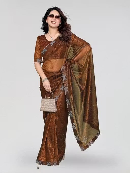 Golden Shimmer Tissue Saree with Butterfly Hotfix Lace Border