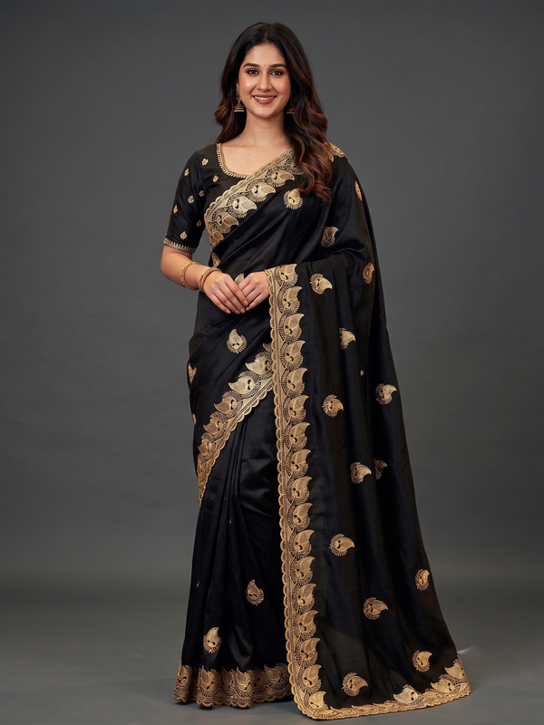 Zegoom Black Satin Silk Saree with Gold Paisley Embroidery