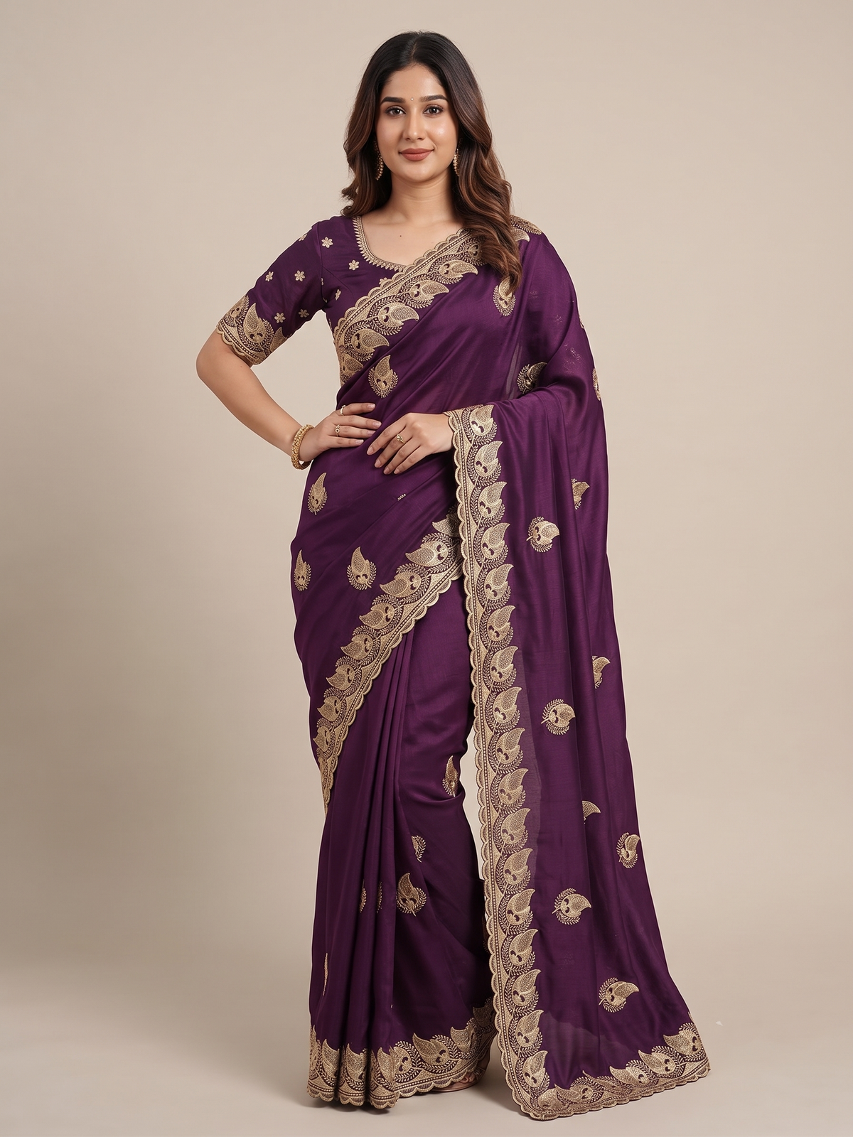 Zegoom Purple Satin Silk Saree with Gold Paisley Embroidery