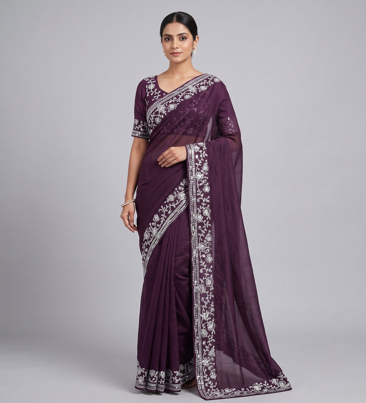 Purple Saree with Embroidery Lace Border