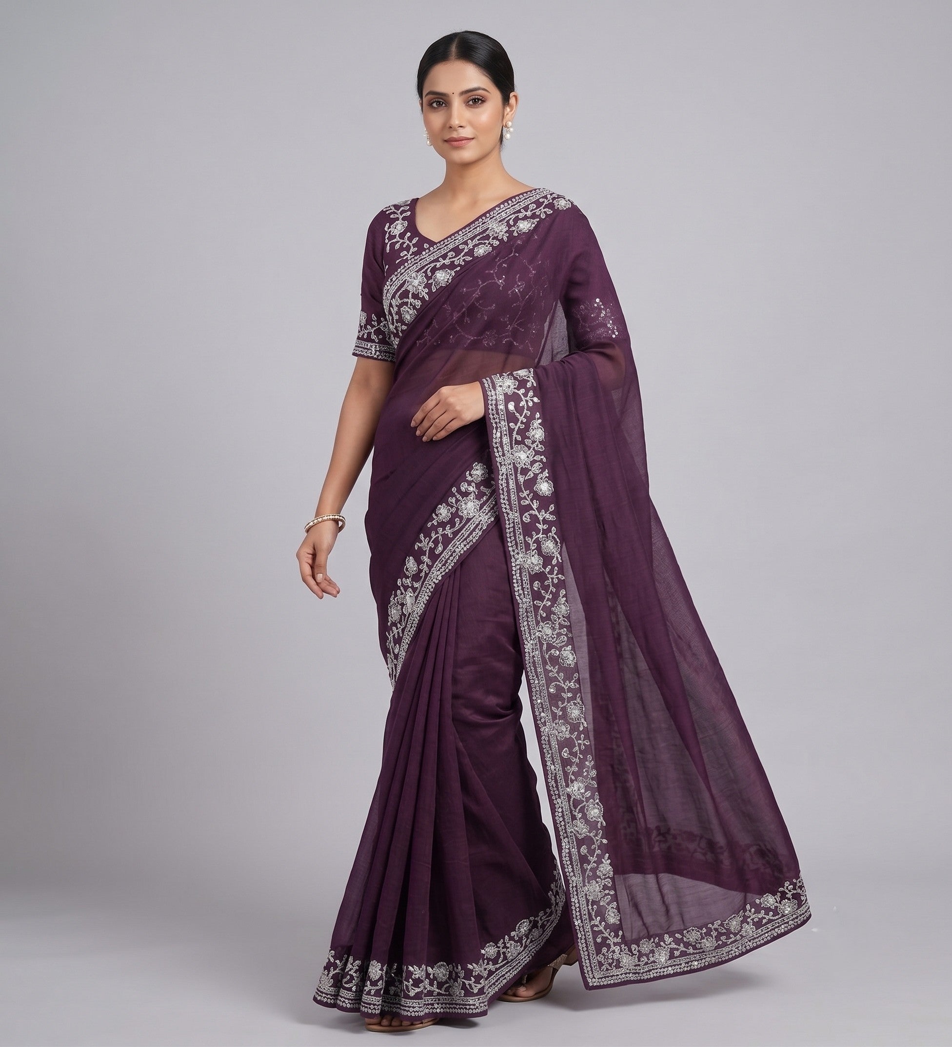 Purple Saree with Embroidery Lace Border