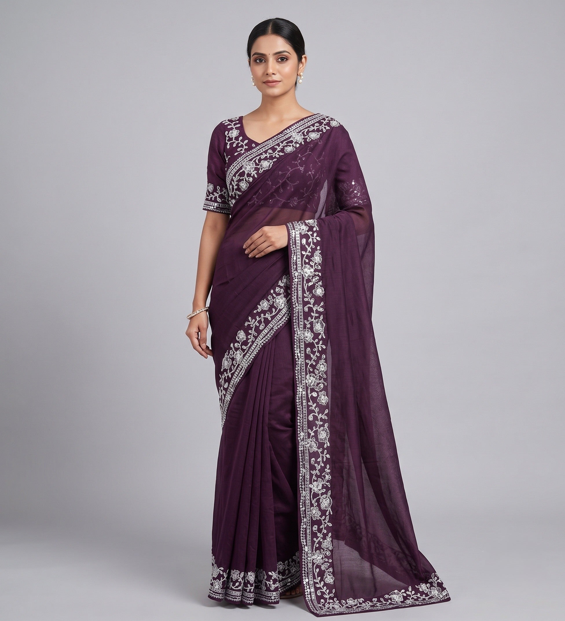 Purple Saree with Embroidery Lace Border