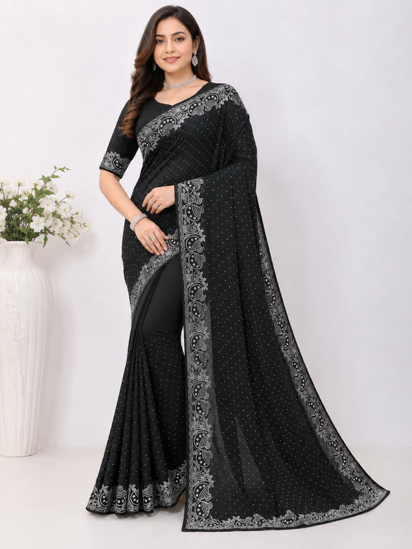 Black Pot Style Stone Work Saree with Designer Stone Border