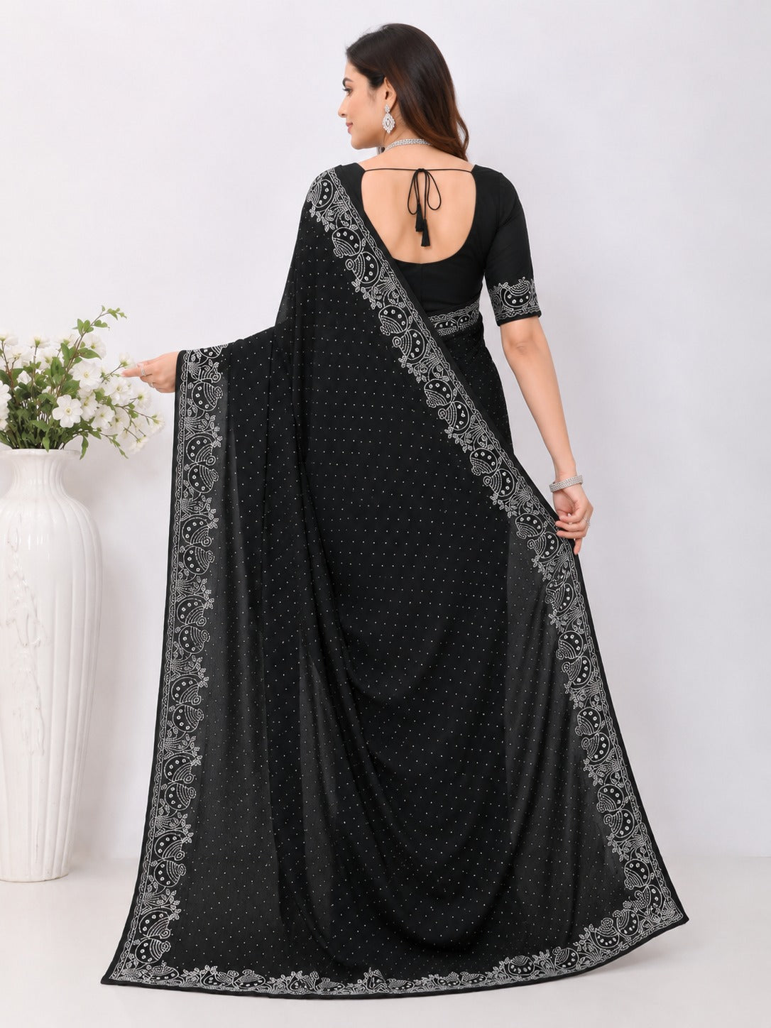 Black Pot Style Stone Work Saree with Designer Stone Border
