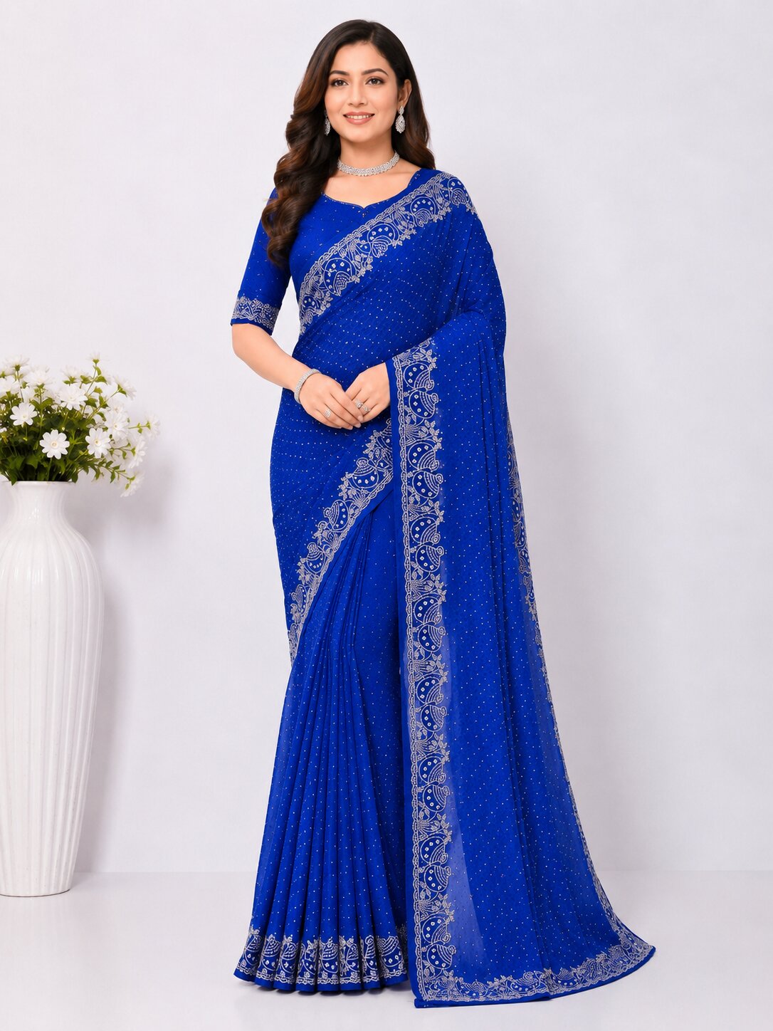 Royal Blue Pot Style Stone Work Saree with Designer Stone Border  Product Description