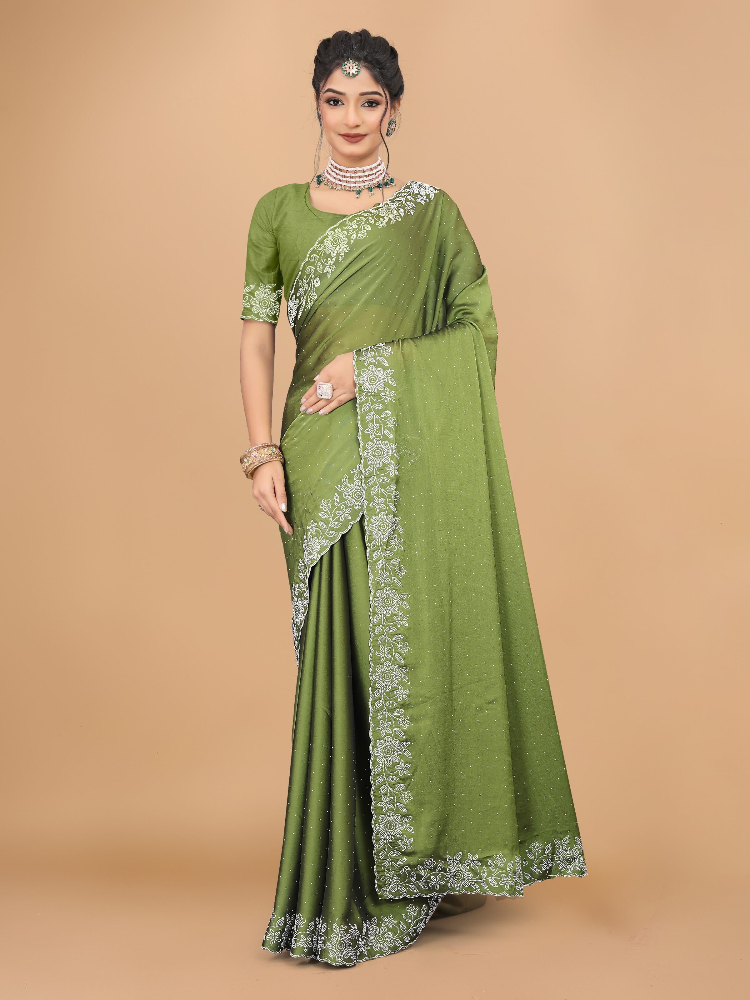 Pista Green Trendy Georgette Diamond Work Party Wear Saree