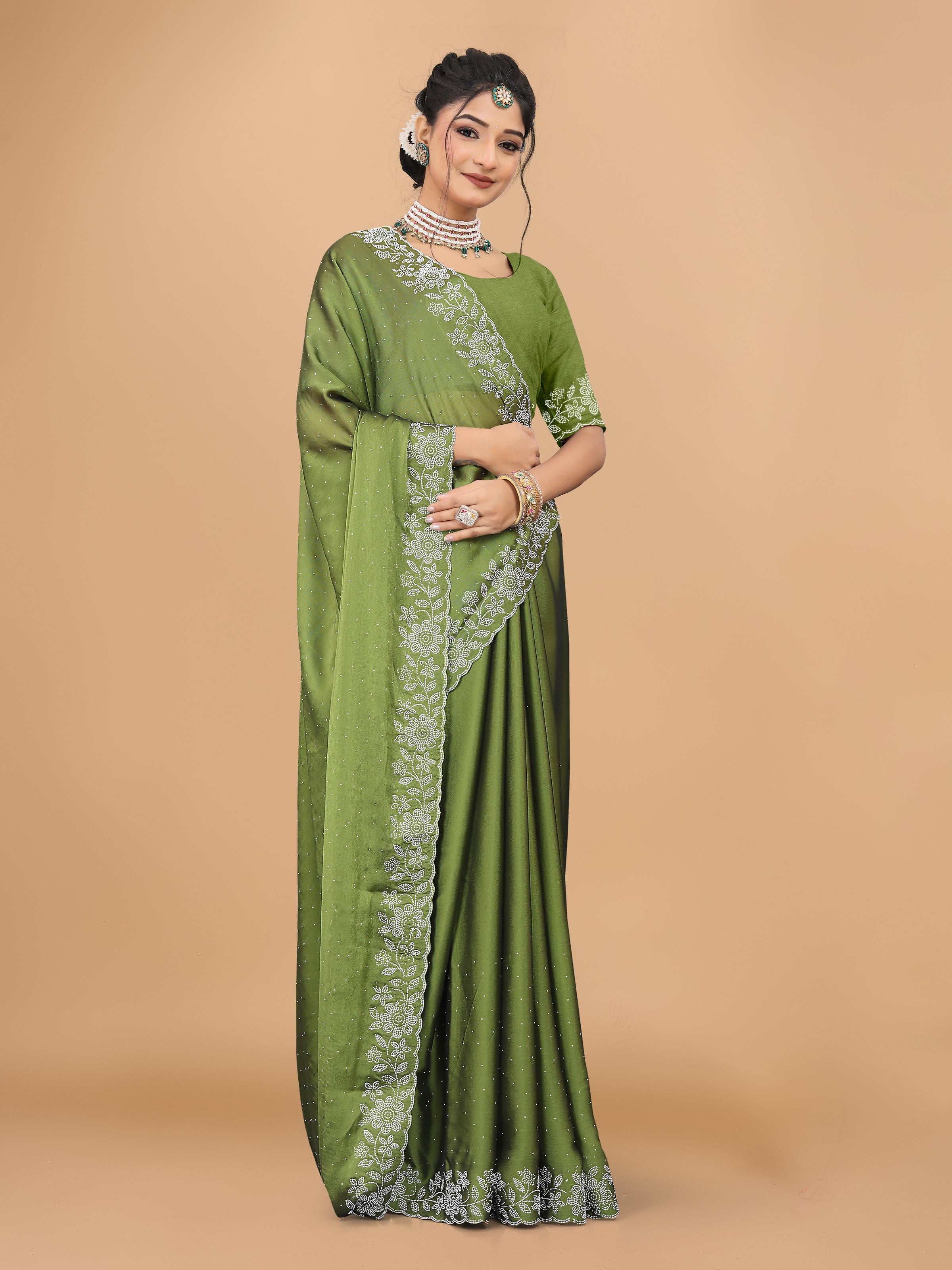 Pista Green Trendy Georgette Diamond Work Party Wear Saree