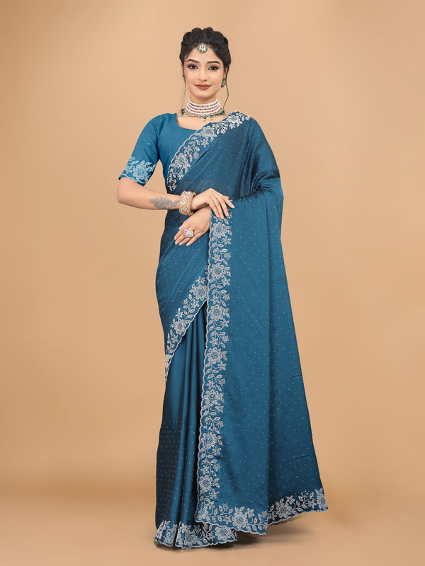 Steel Blue Trendy Georgette Diamond Work Party Wear Saree