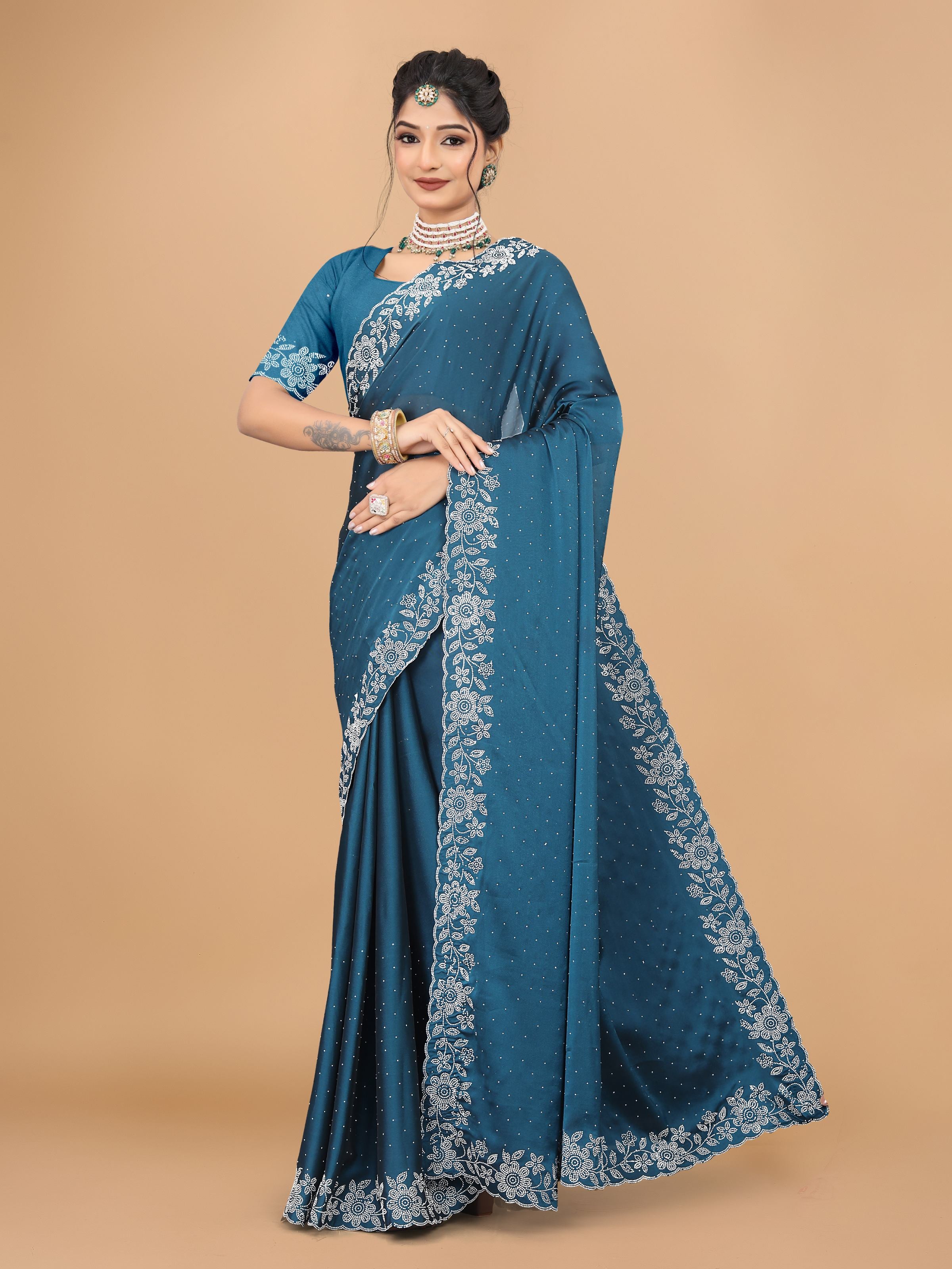 Steel Blue Trendy Georgette Diamond Work Party Wear Saree