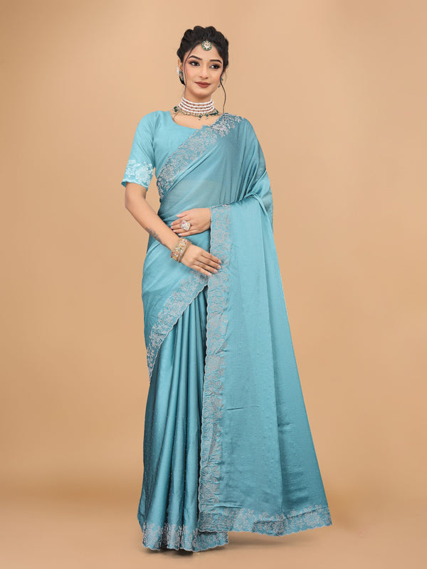 Light Blue Trendy Georgette Diamond Work Party Wear Saree
