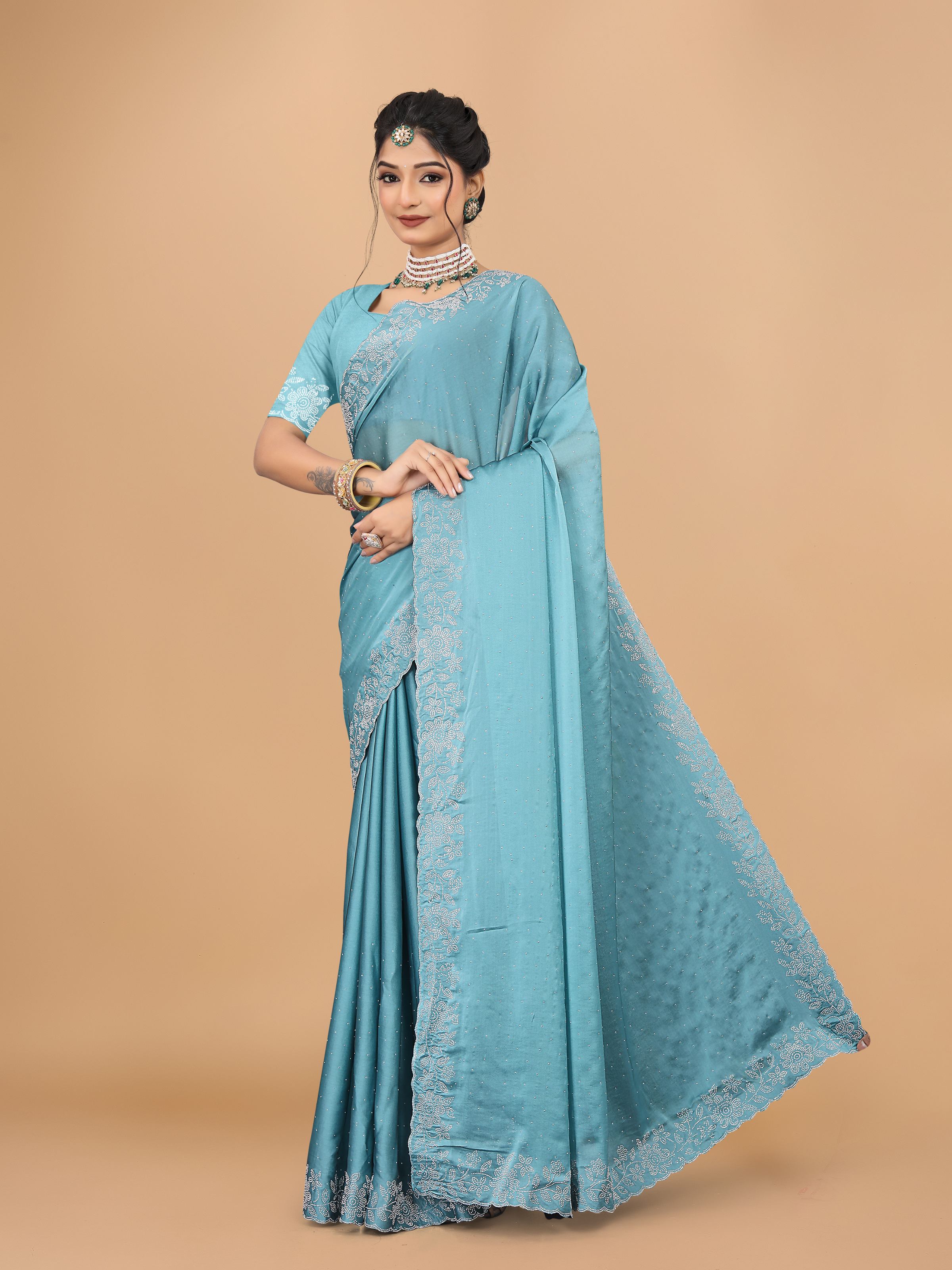 Light Blue Trendy Georgette Diamond Work Party Wear Saree