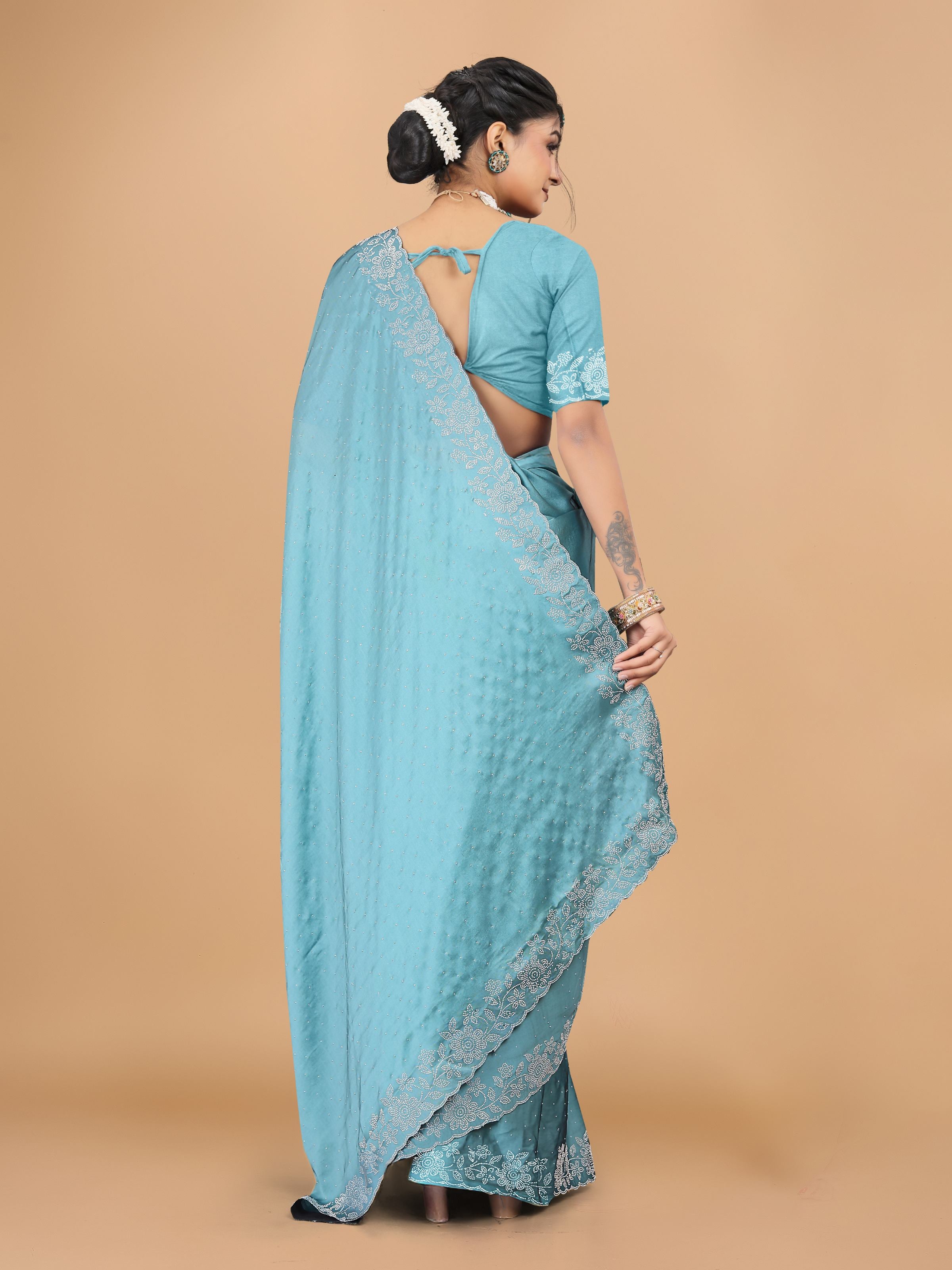 Light Blue Trendy Georgette Diamond Work Party Wear Saree