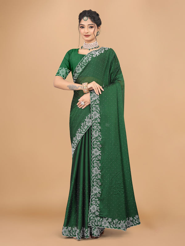 Bottle Green Trendy Georgette Diamond Work Party Wear Saree