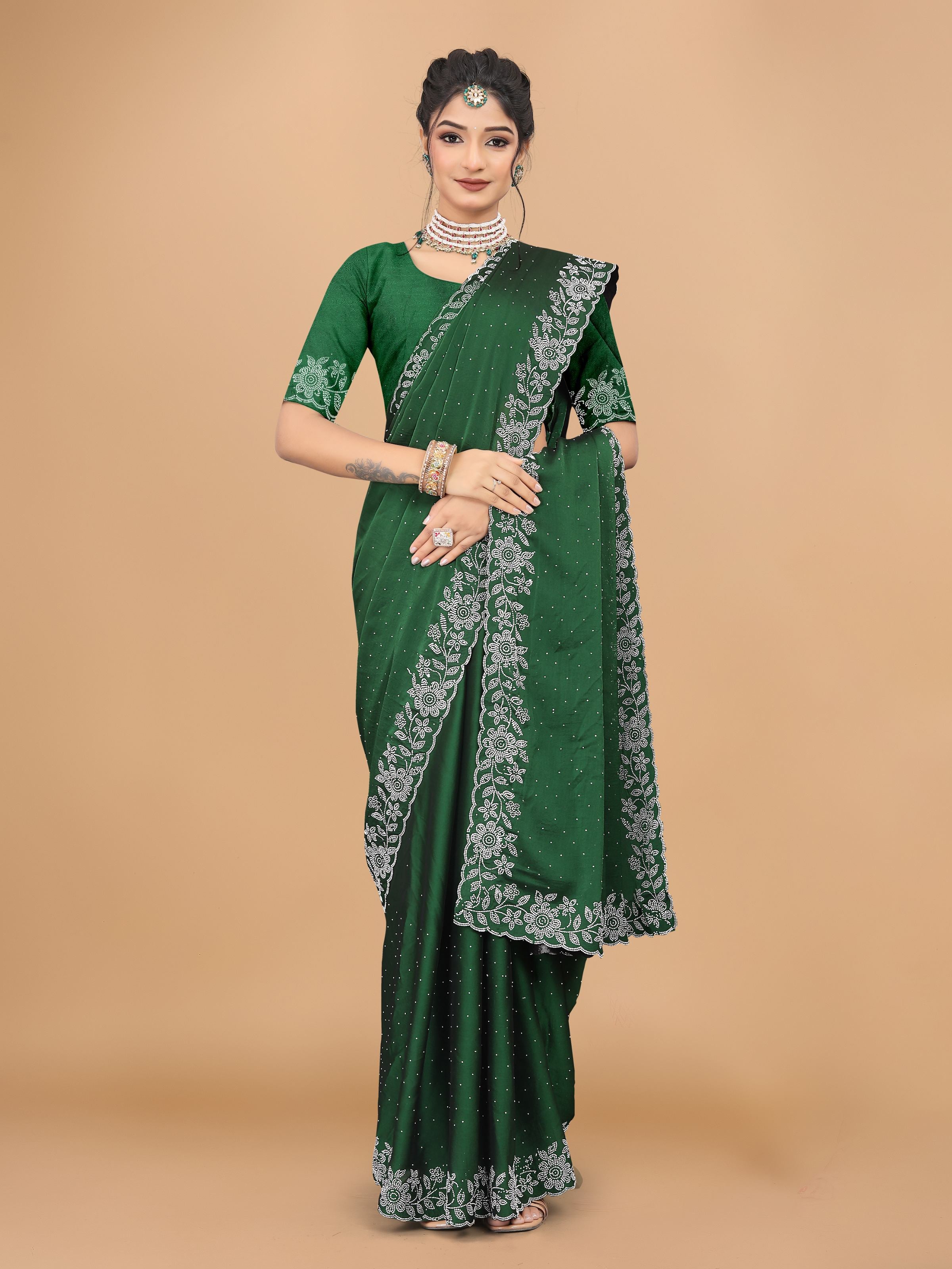 Bottle Green Trendy Georgette Diamond Work Party Wear Saree