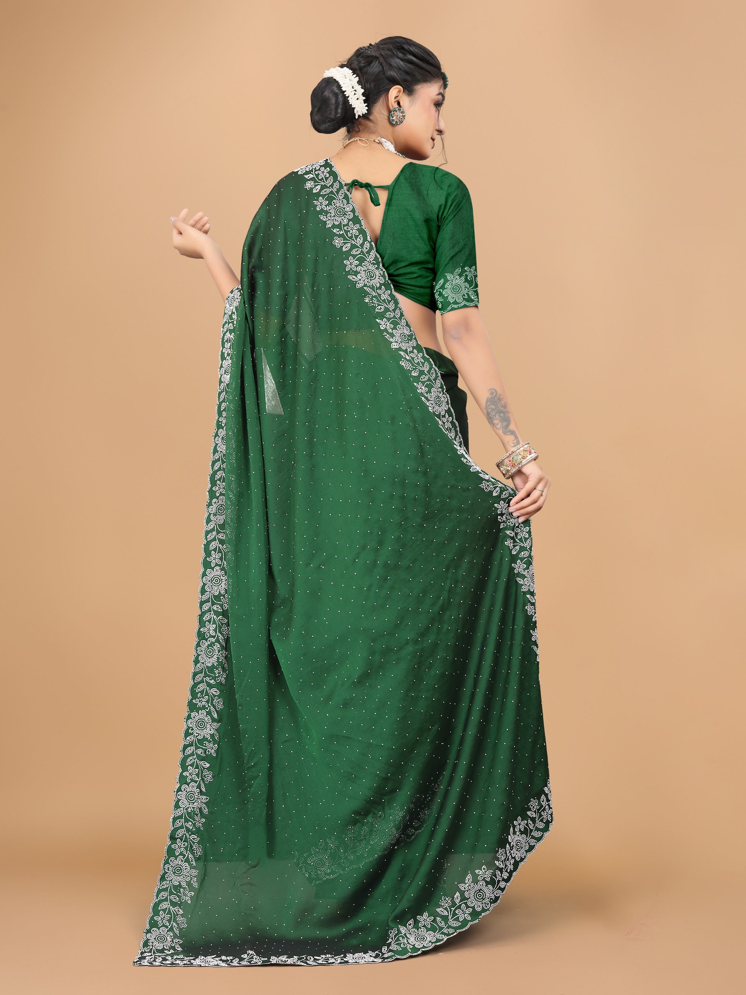 Bottle Green Trendy Georgette Diamond Work Party Wear Saree