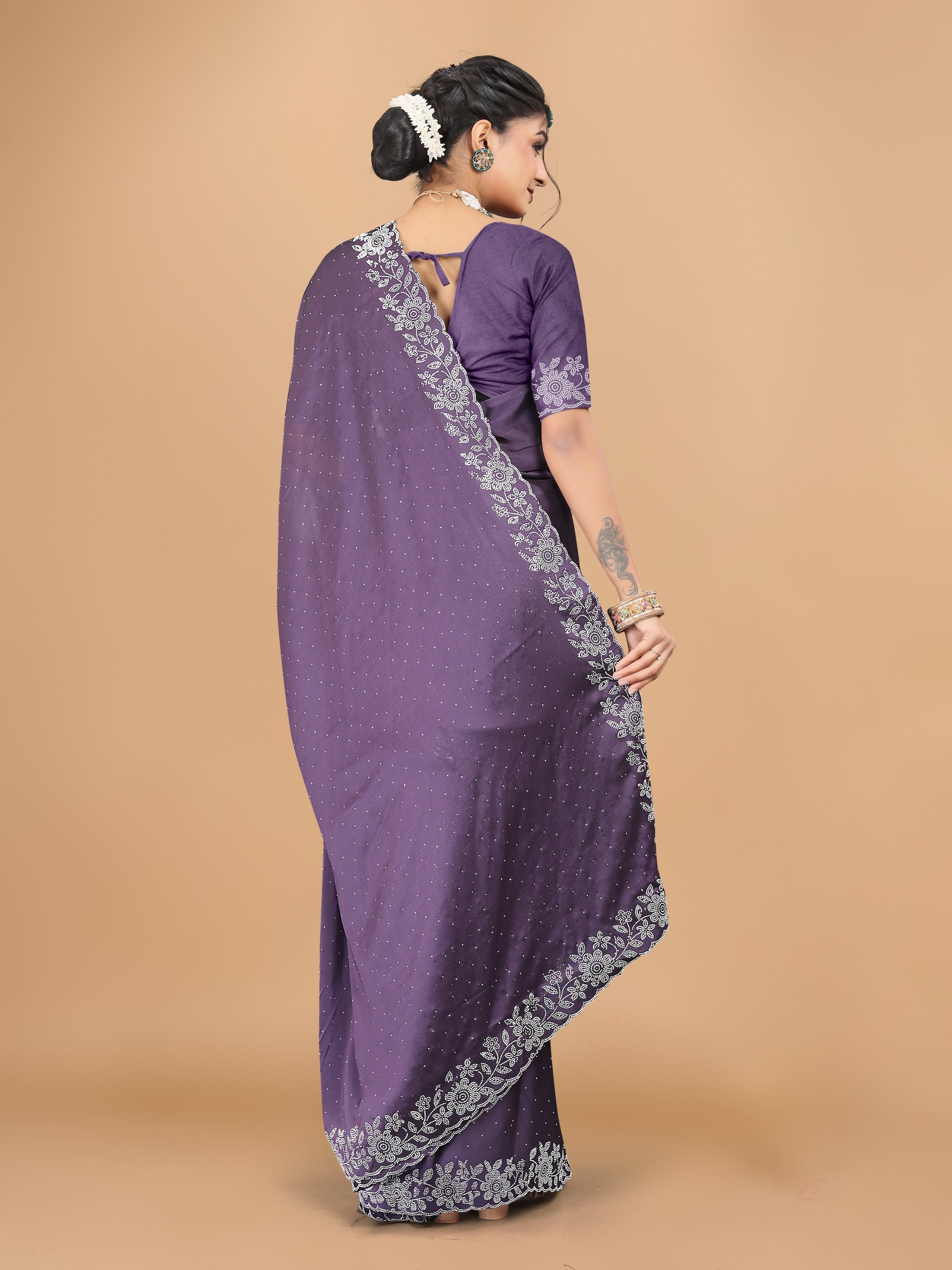 Dusty Purple Trendy Georgette Diamond Work Party Wear Saree