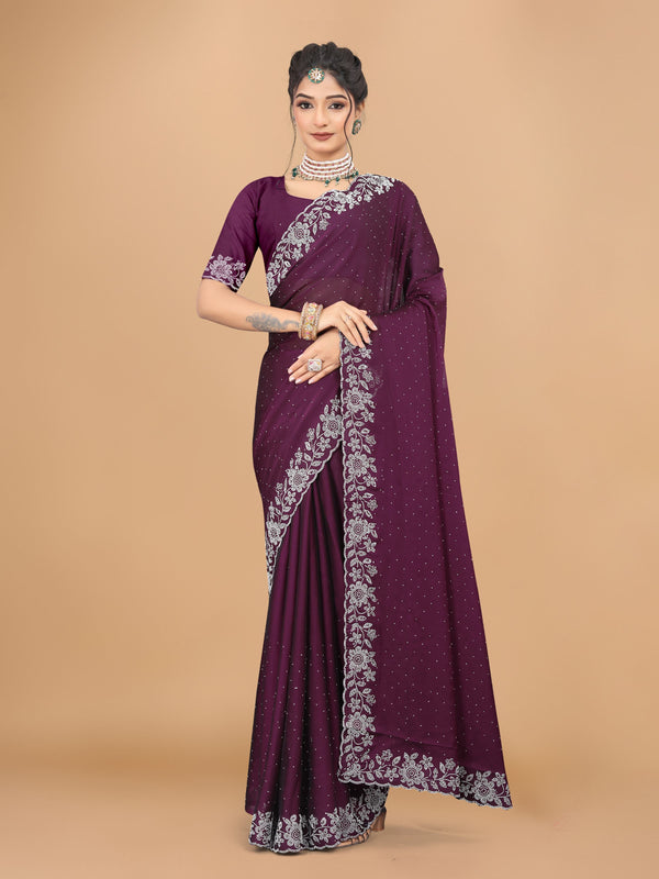Wine Trendy Georgette Diamond Work Party Wear Saree