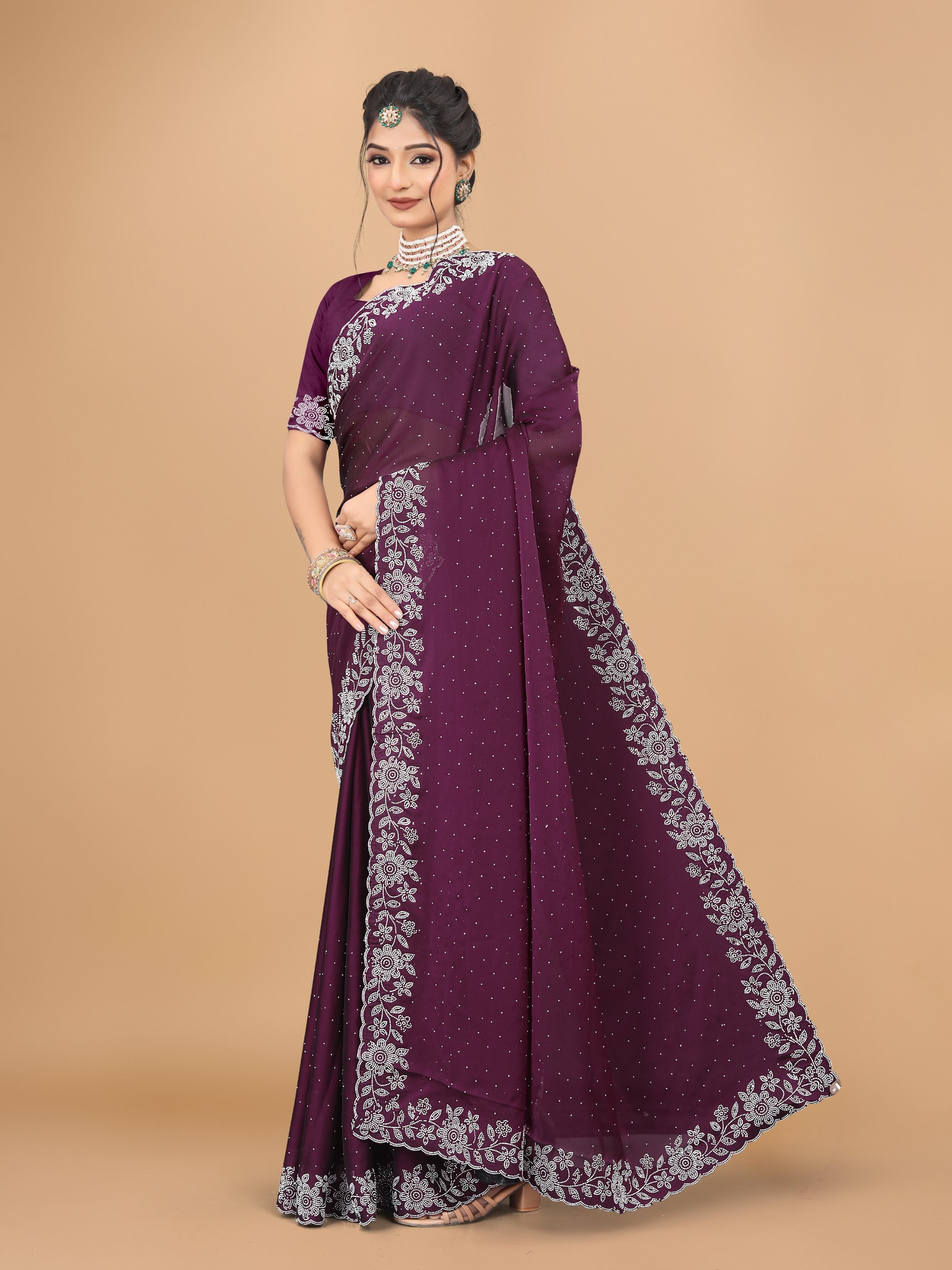 Wine Trendy Georgette Diamond Work Party Wear Saree