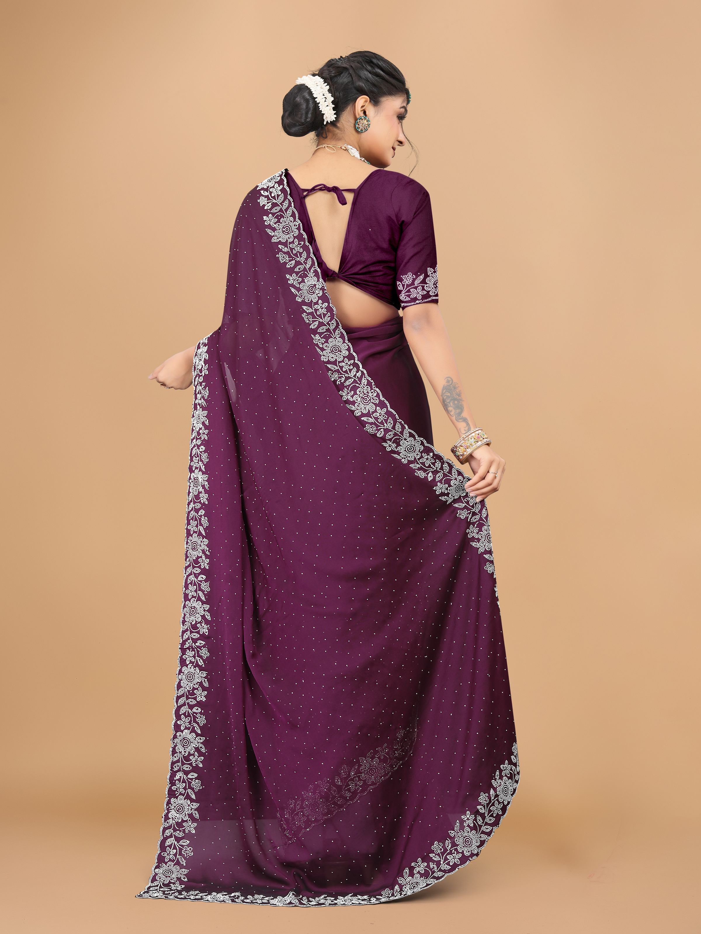Wine Trendy Georgette Diamond Work Party Wear Saree