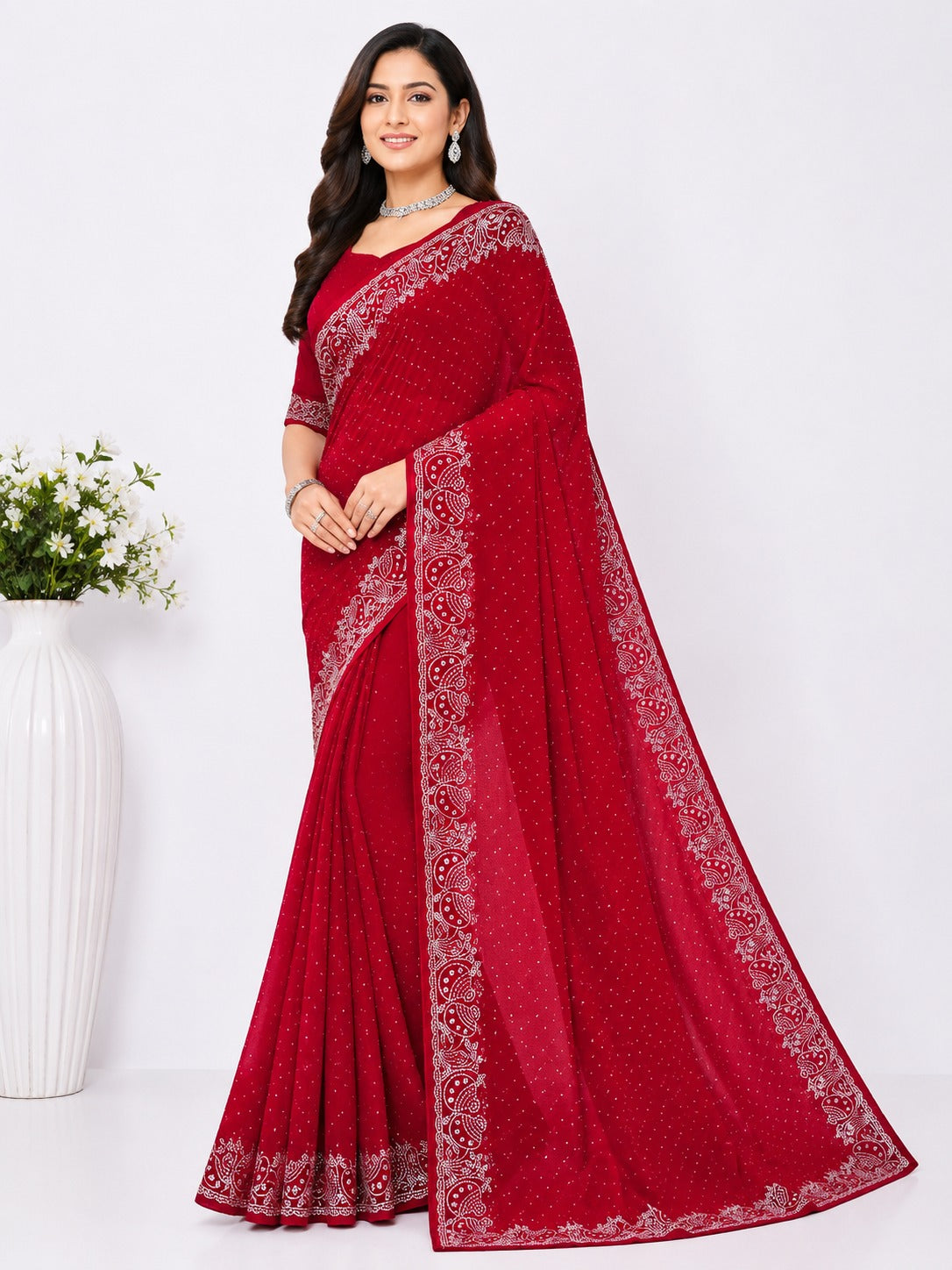 Red Pot Style Stone Work Saree with Designer Stone Border