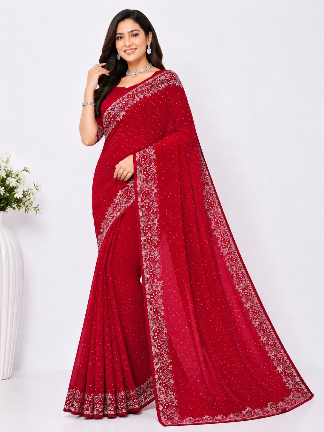 Red Pot Style Stone Work Saree with Designer Stone Border
