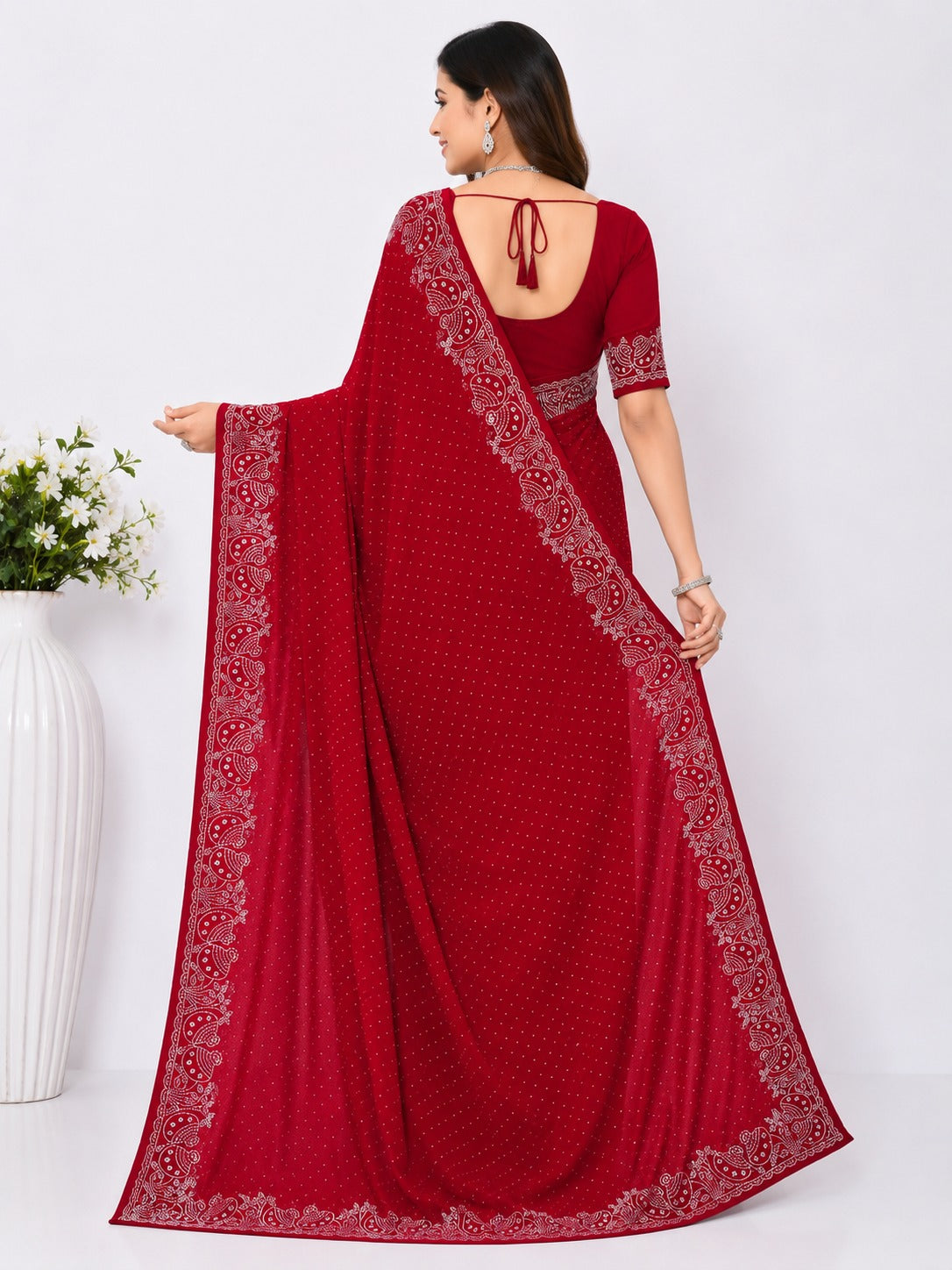 Red Pot Style Stone Work Saree with Designer Stone Border