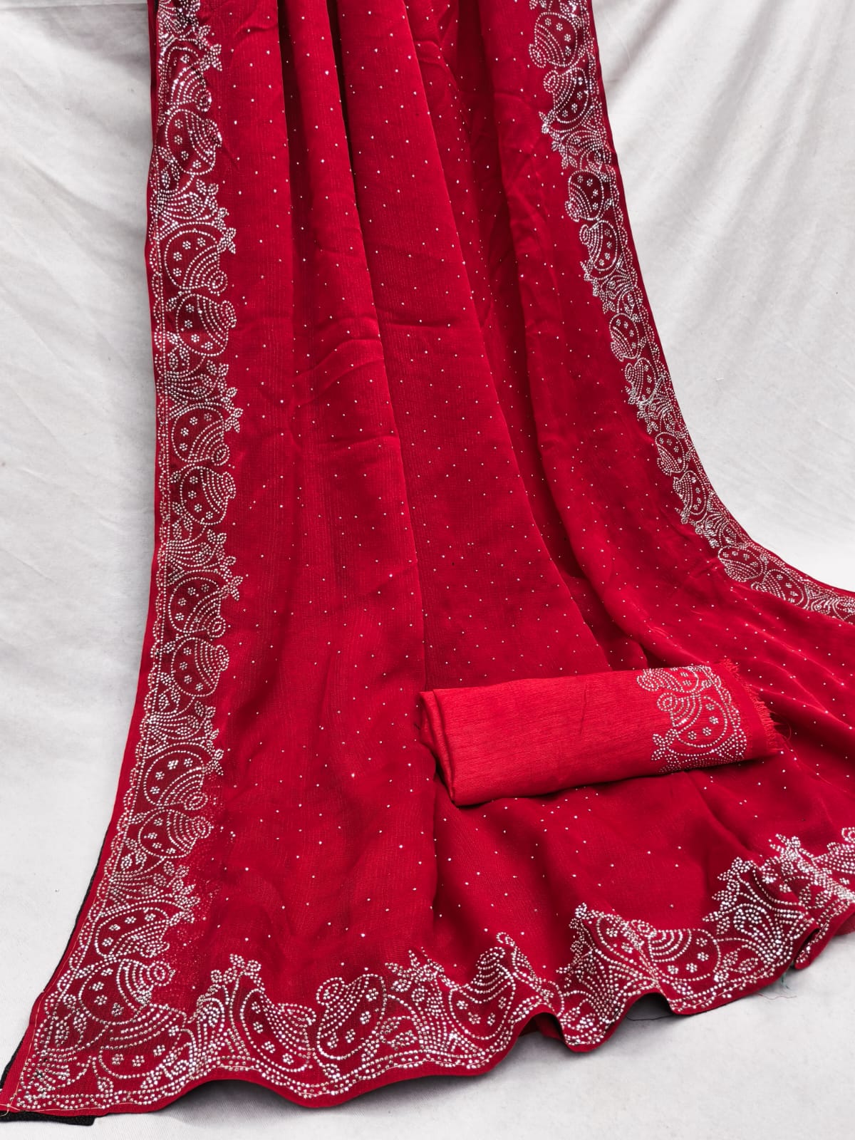 Red Pot Style Stone Work Saree with Designer Stone Border
